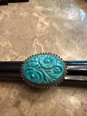 Vintage Amy Kahn Russell carved turquoise stone ring oval .925 size 8.75